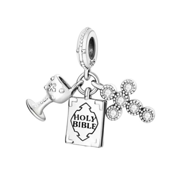 Bracelet Charm Holy Bible Sterling Silver 925 Dangle Charm Cross Bible Chalice - Picture 1 of 5